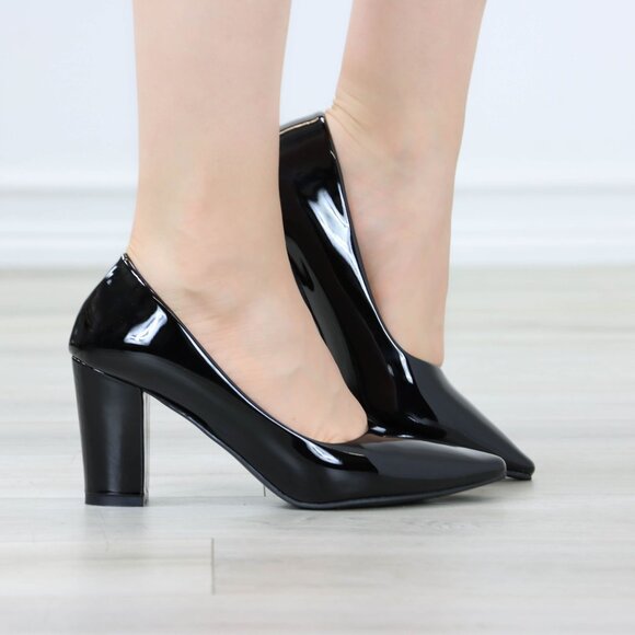 Classic Black Patent Block High Heel Slip On Pointed Toe Pumps Office Wear - Picture 3 of 10